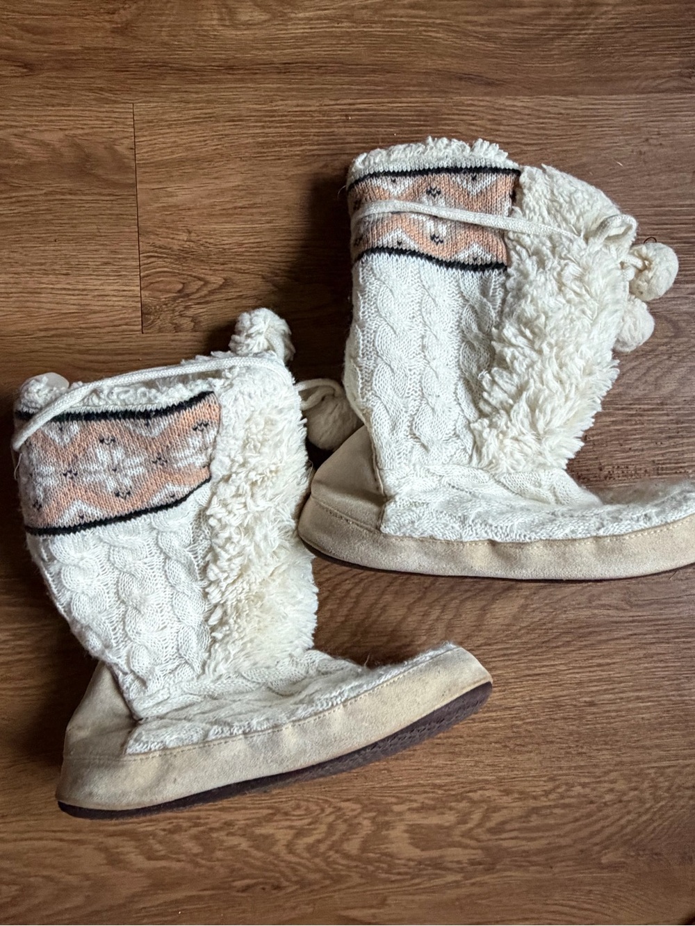 aerie Cream Knit Sherpa Slipper Boots with Pom Trim